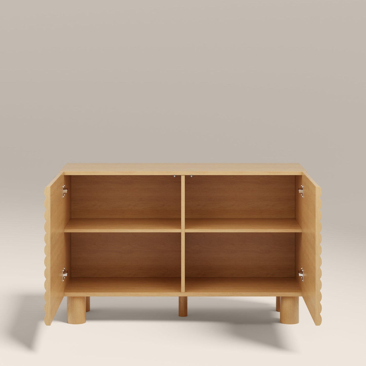 Oak sideboard doors open showing storage