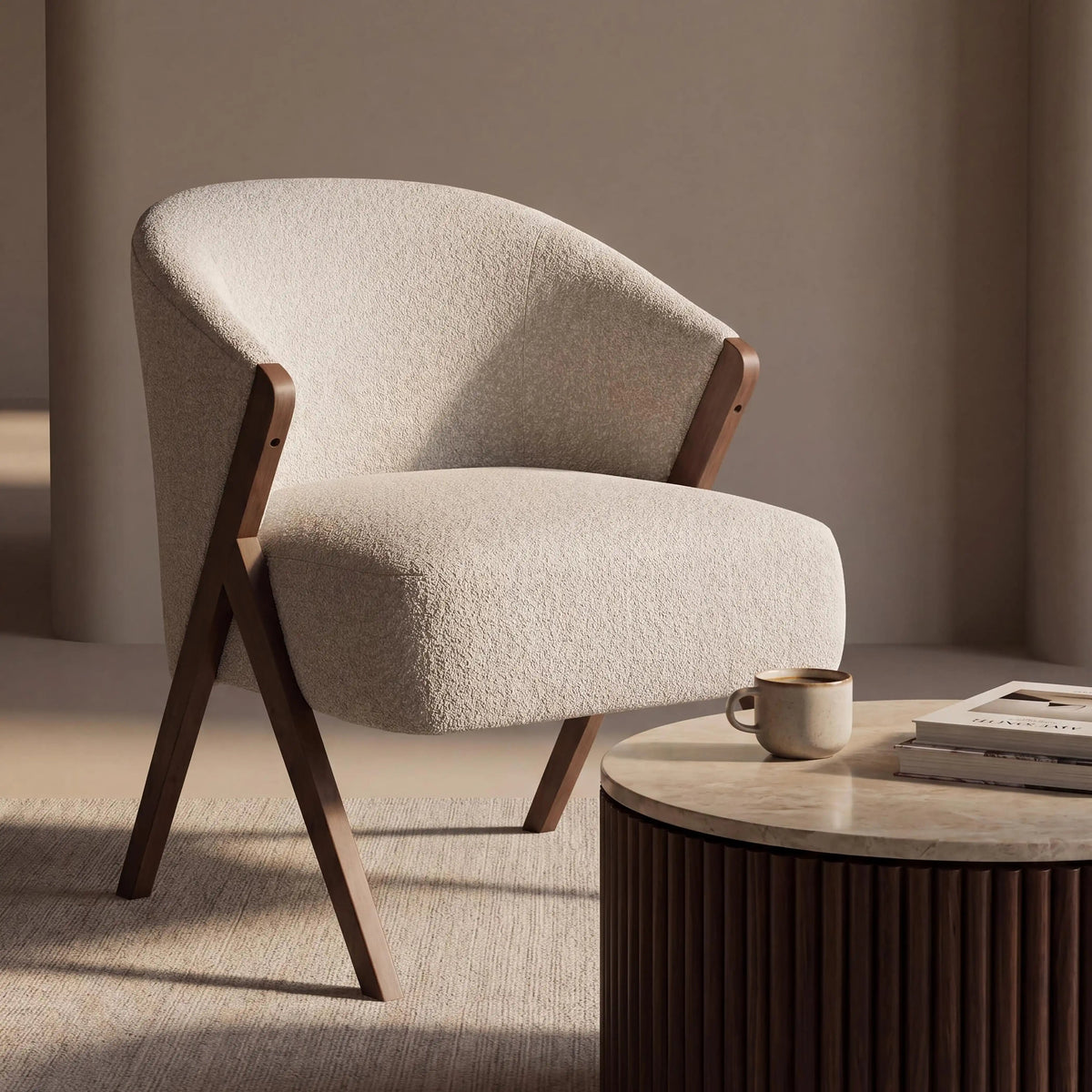 Kiya Accent Chair in cream fabric, lifestyle view