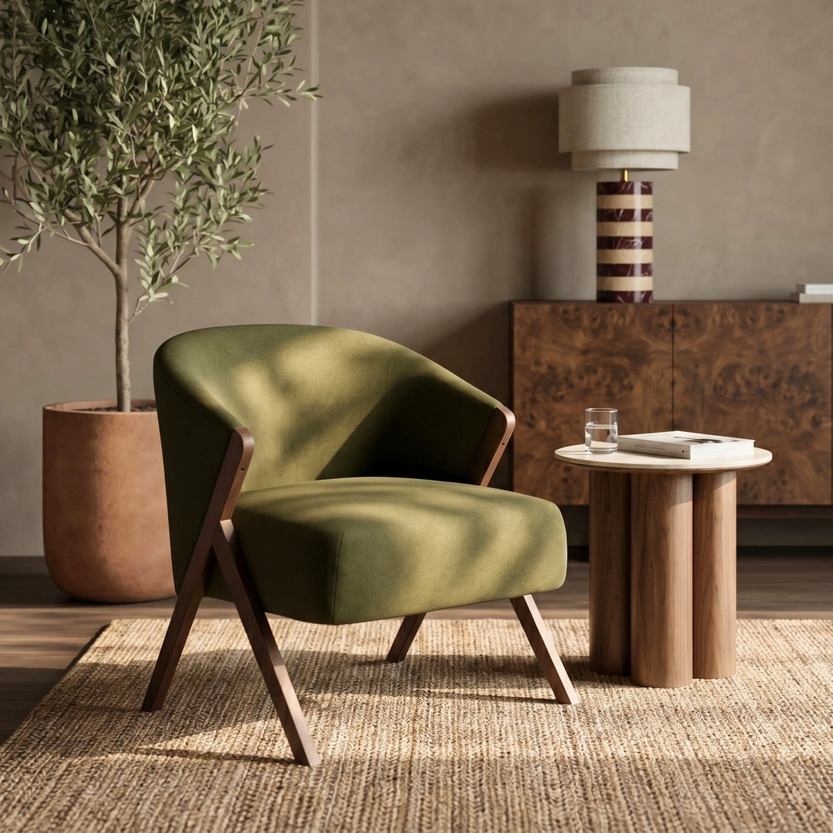 Kiya Accent Chair in green fabric, lifestyle view