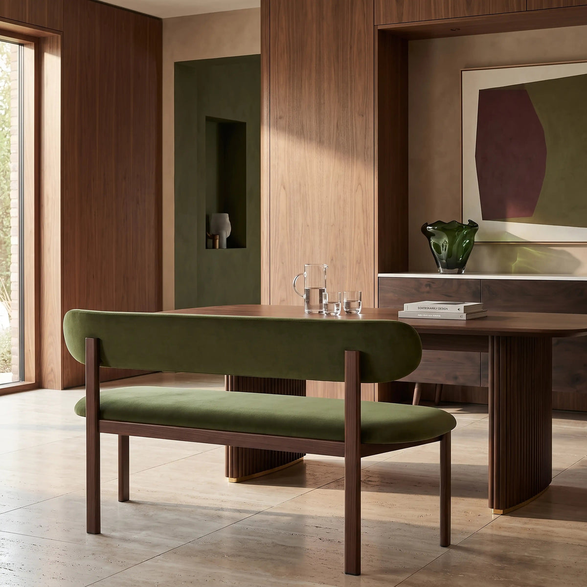 Layan Green Fabric Dining Bench – styled at a dining table