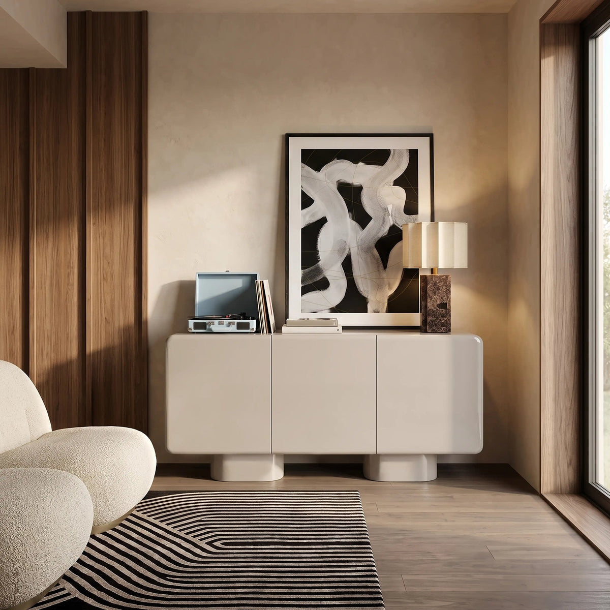 High gloss cream sideboard with three handleless doors