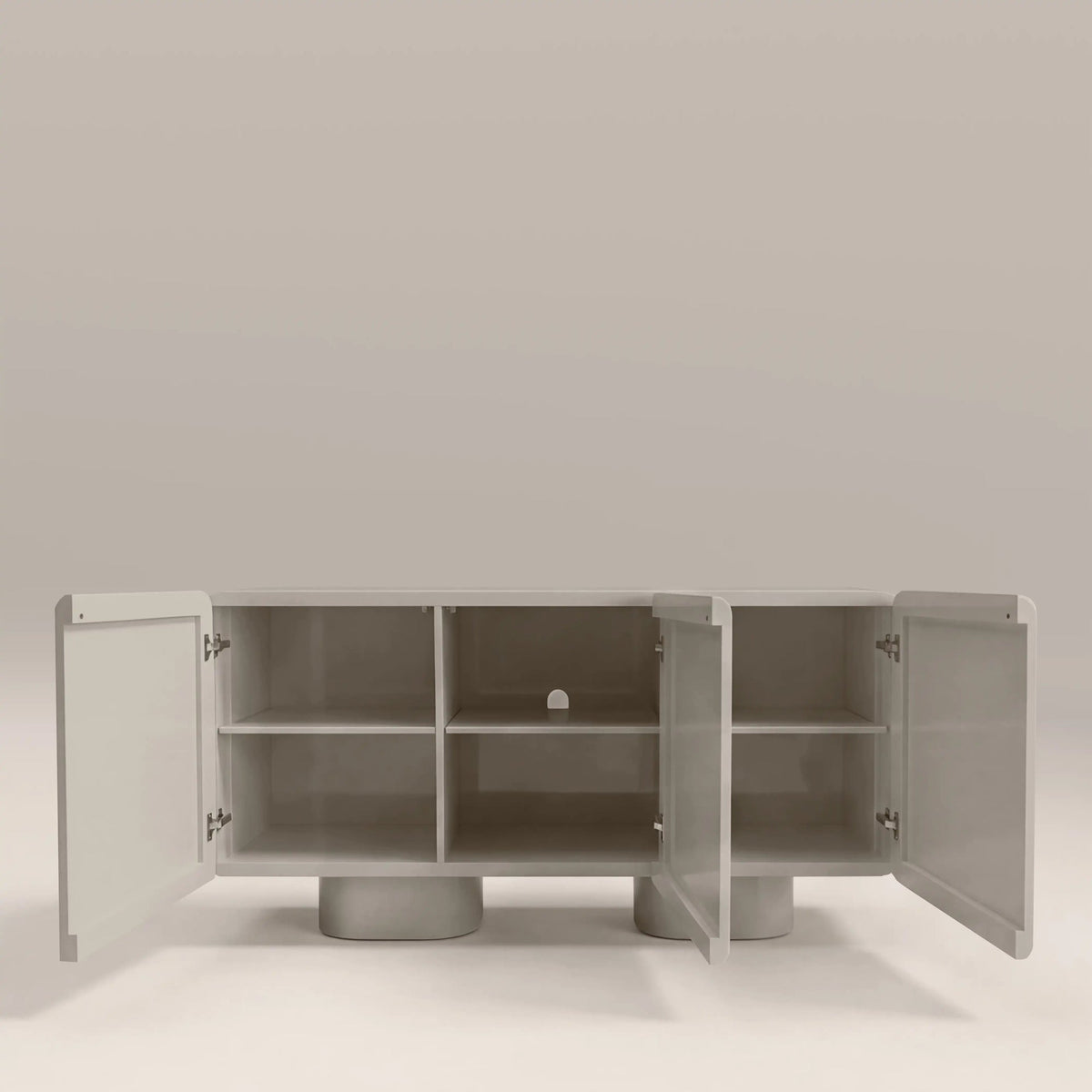 Cream gloss sideboard doors open showing compartments