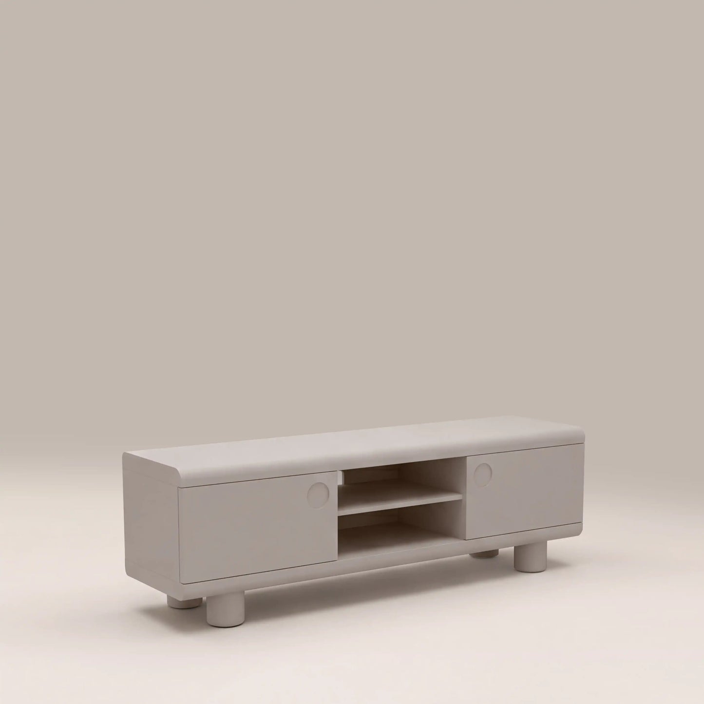 Mila TV Stand in light grey, angled view