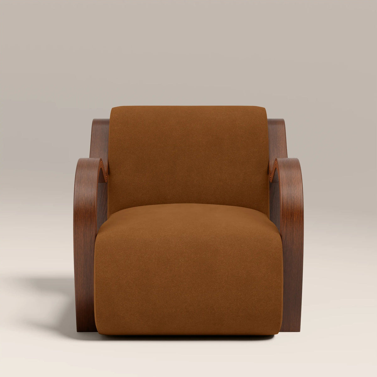 Brown accent chair angled view showing curved arms
