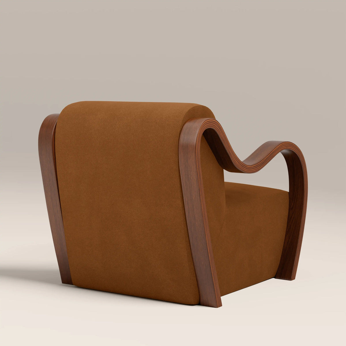 Brown accent chair rear view showing frame