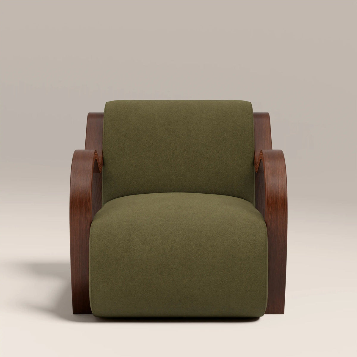Green accent chair angled view showing curved arms