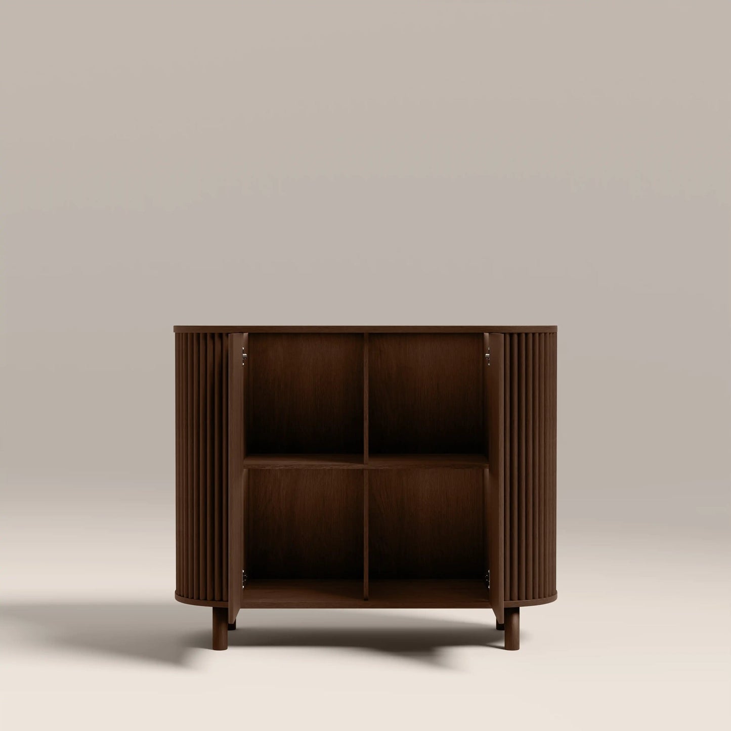 Walnut sideboard doors open showing adjustable shelves