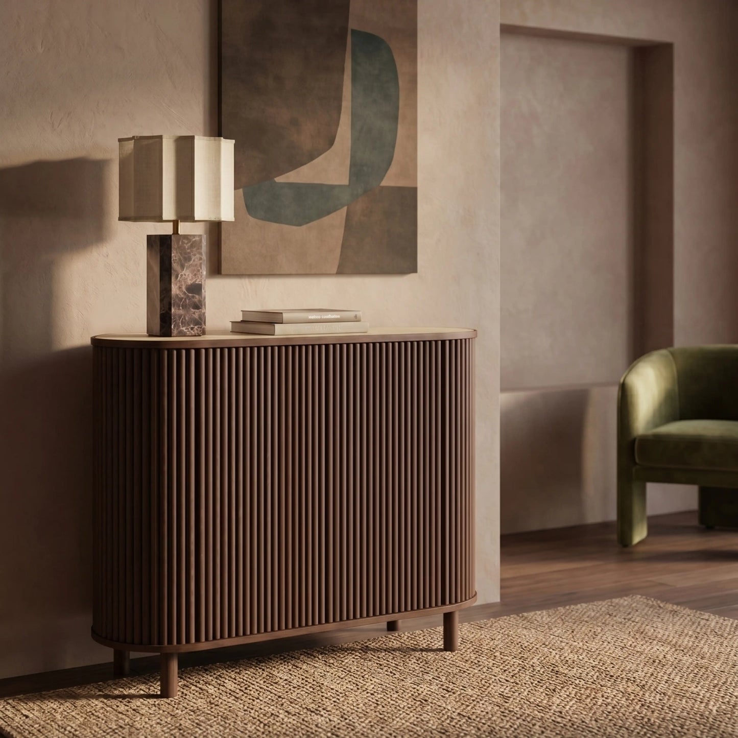 Walnut sideboard front view showing ribbed door detail