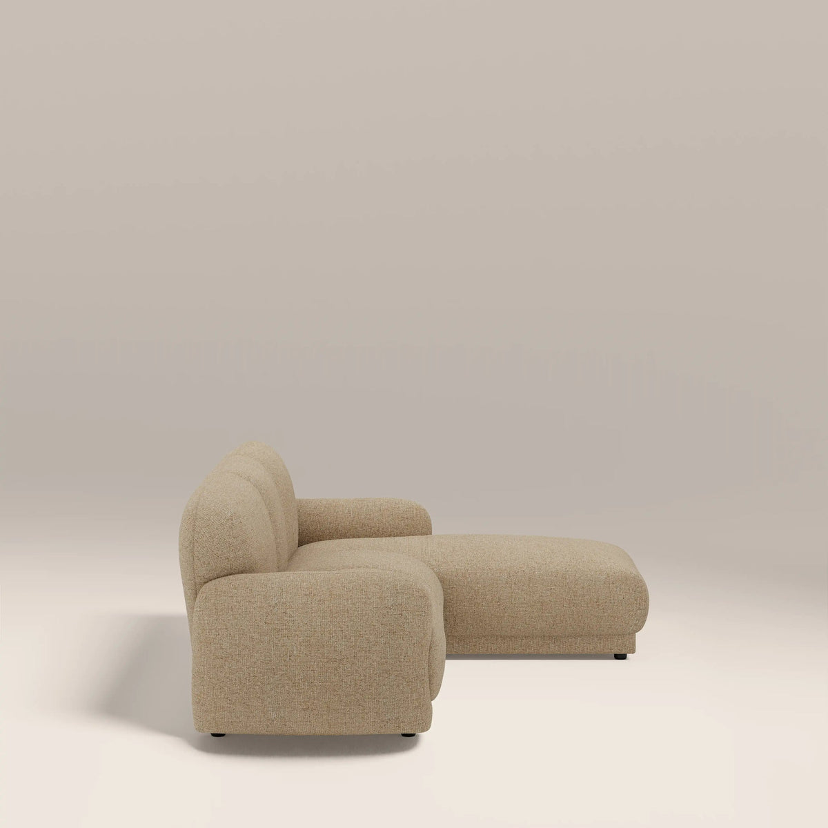 Sana L-shape chaise sofa in beige boucle, side view