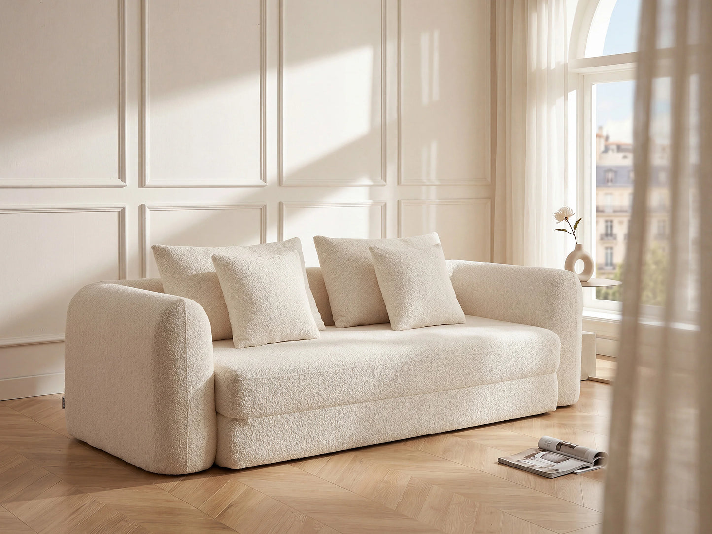 Mira 3 seater sofa bed in beige boucle