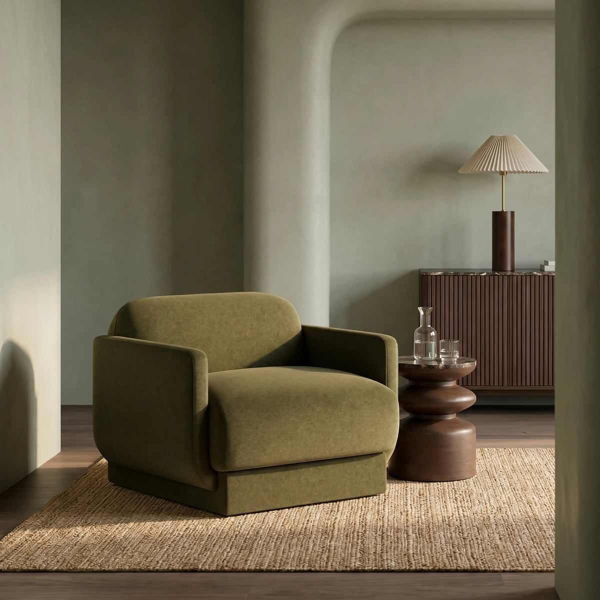 Tessa Armchair in green fabric, lifestyle view