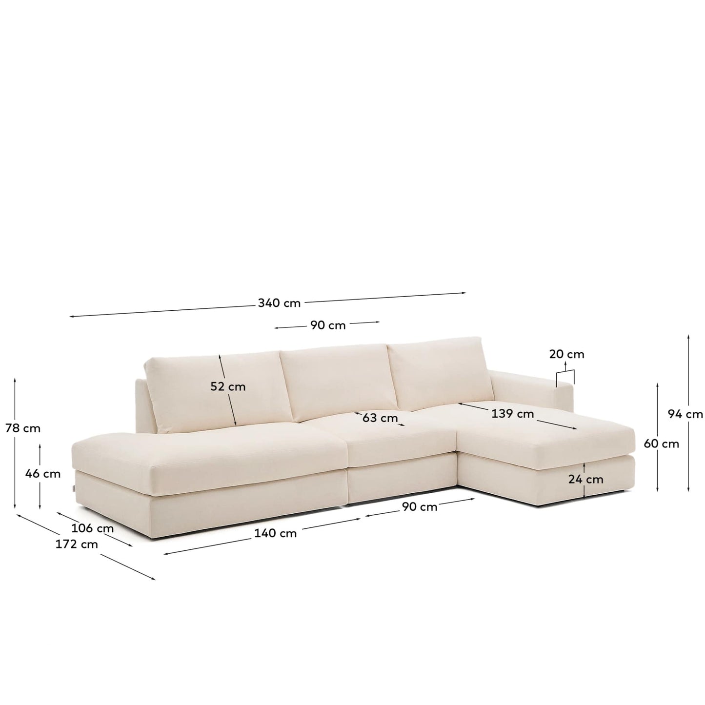 Vela L-shape sofa dimensions diagram 340 x 172 x 94 cm