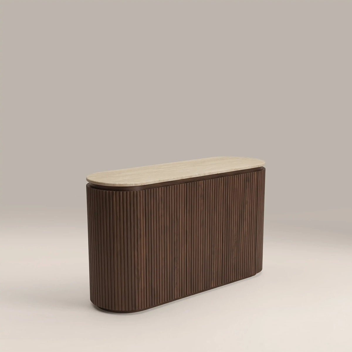 Walnut sideboard angled view with stone top