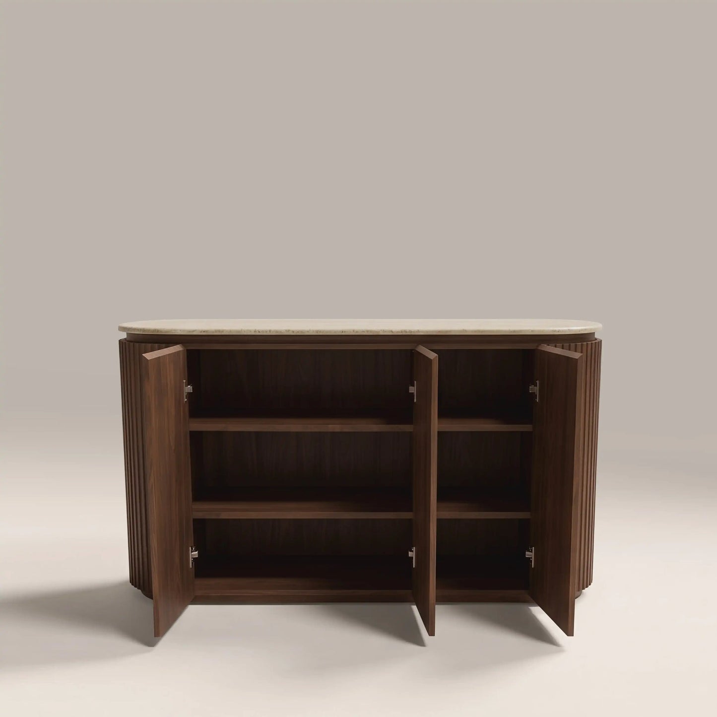 Sideboard doors open showing adjustable shelving