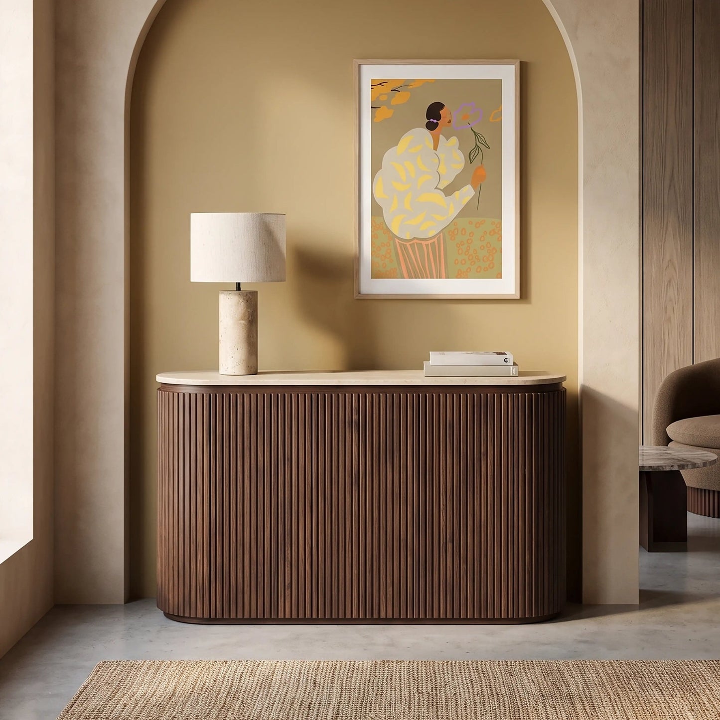 Walnut sideboard with travertine granite top and three doors