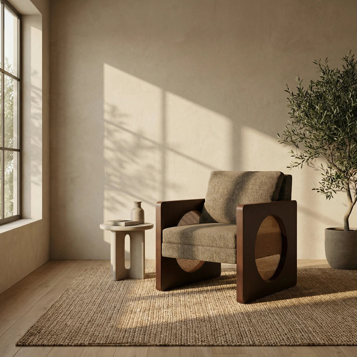 Yara Accent Chair in brown fabric with walnut stained frame, lifestyle view