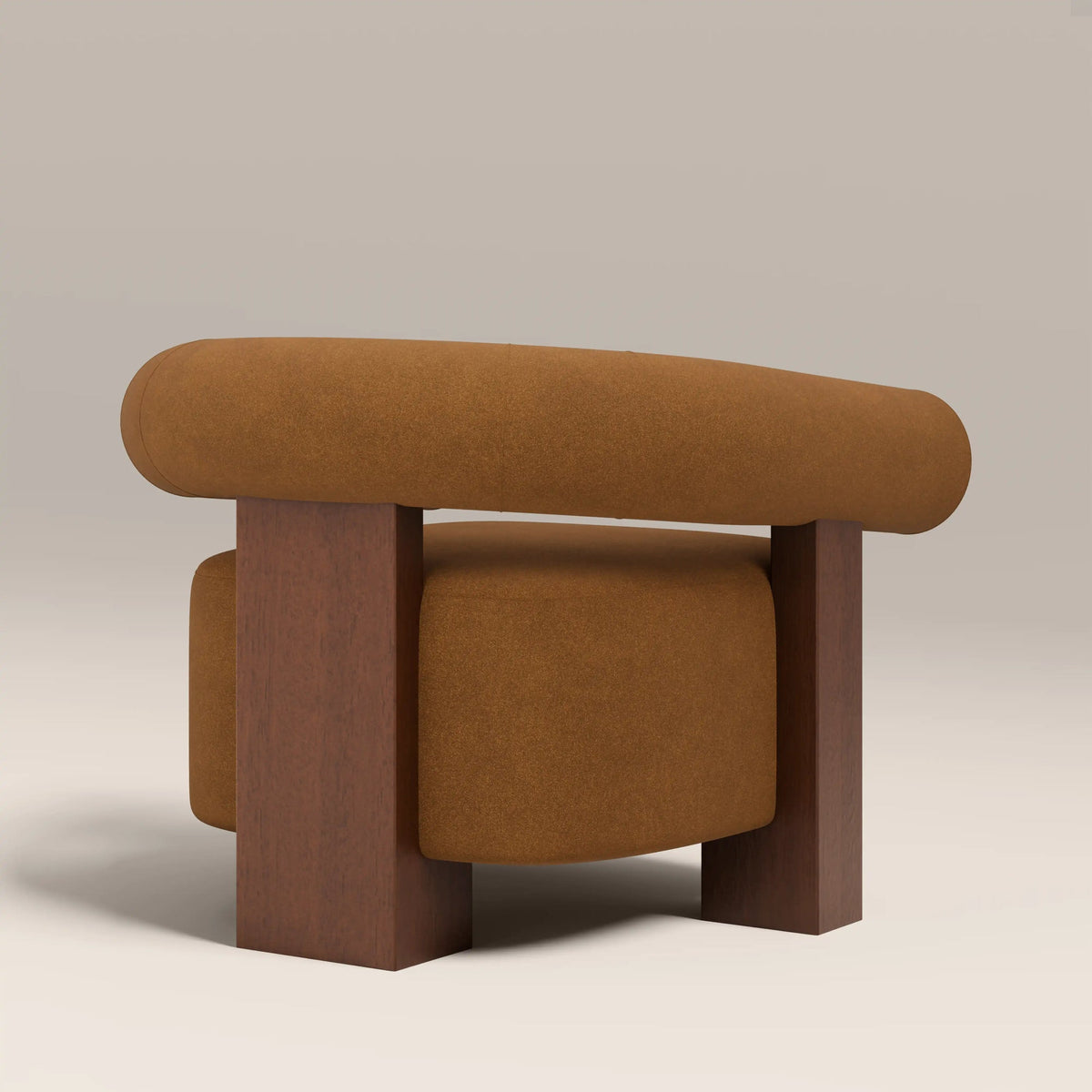 Brown accent chair rear view showing wooden frame