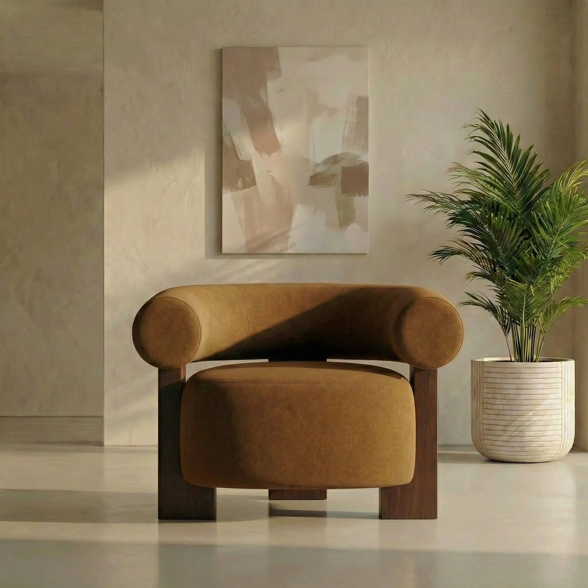Brown accent chair in a styled room