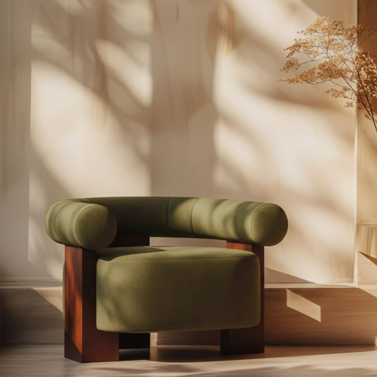 Green accent chair with curved shell back and walnut stained frame
