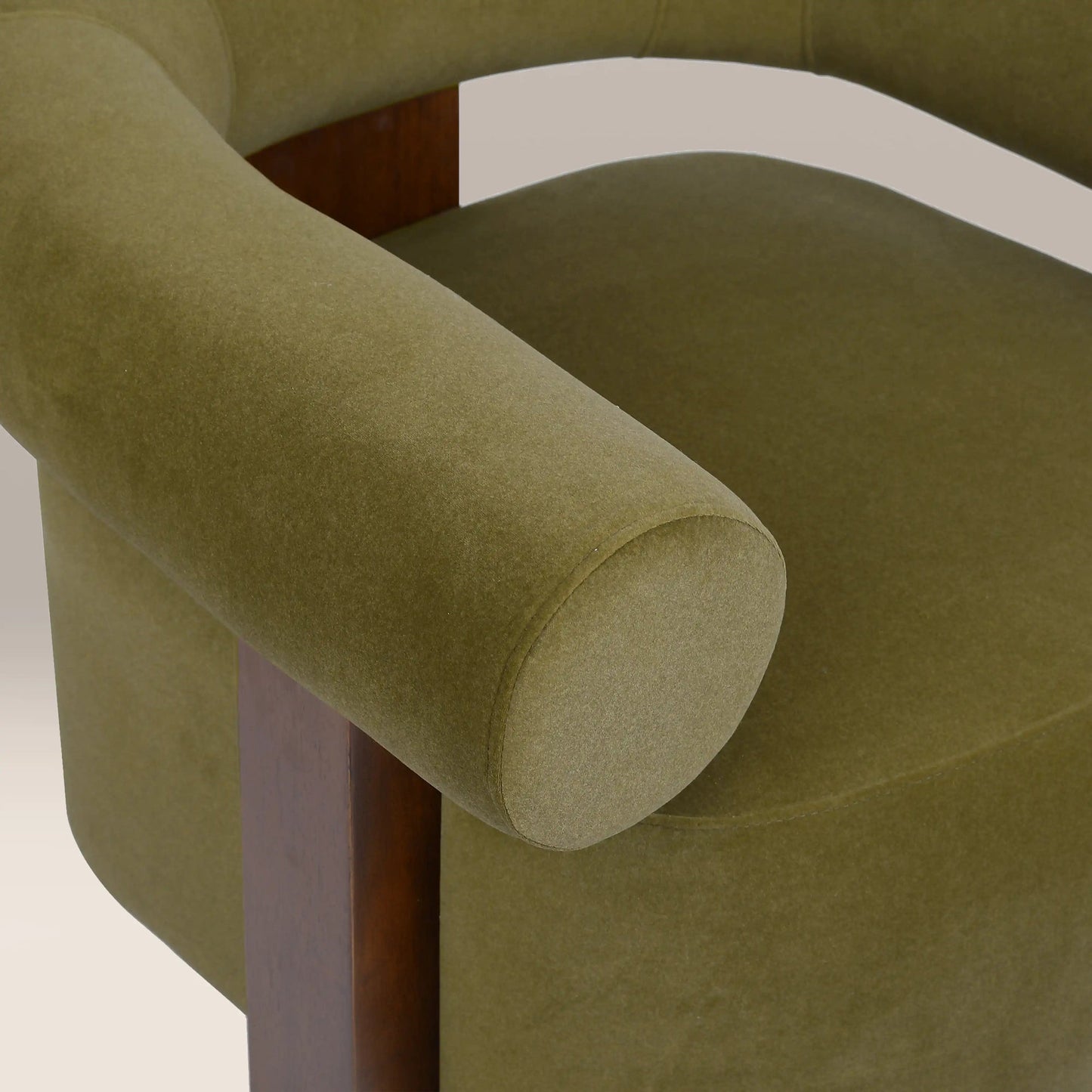 Green accent chair rear view showing wooden frame