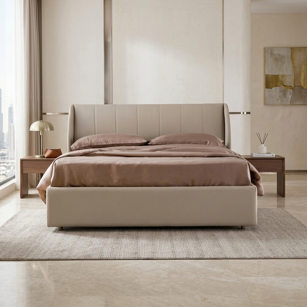 Fynel Beige Upholstered Bed – styled in a bedroom