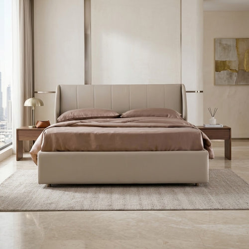 Fynel Beige Upholstered Bed – styled in a bedroom