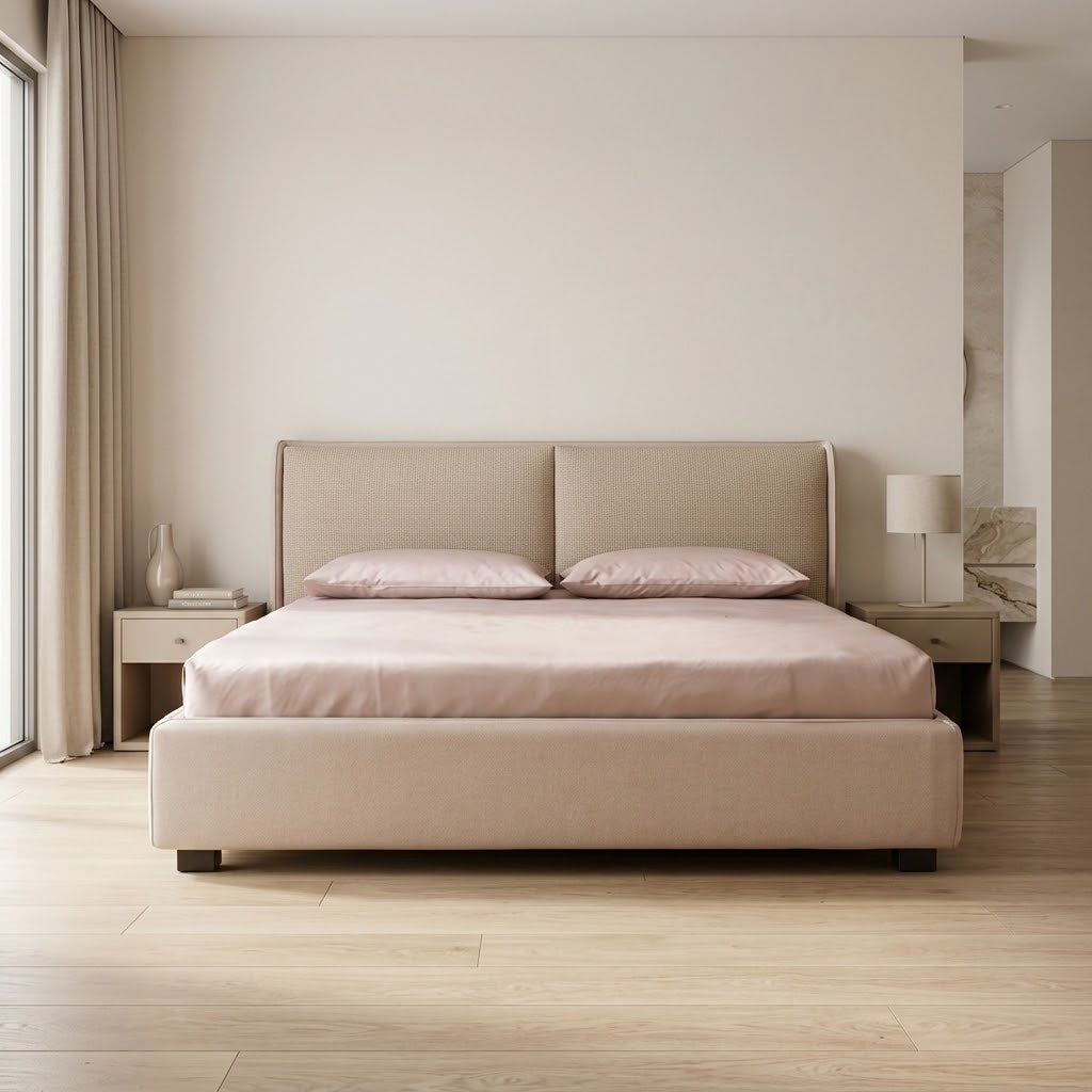 Celja Beige Upholstered Bed – styled in a bedroom