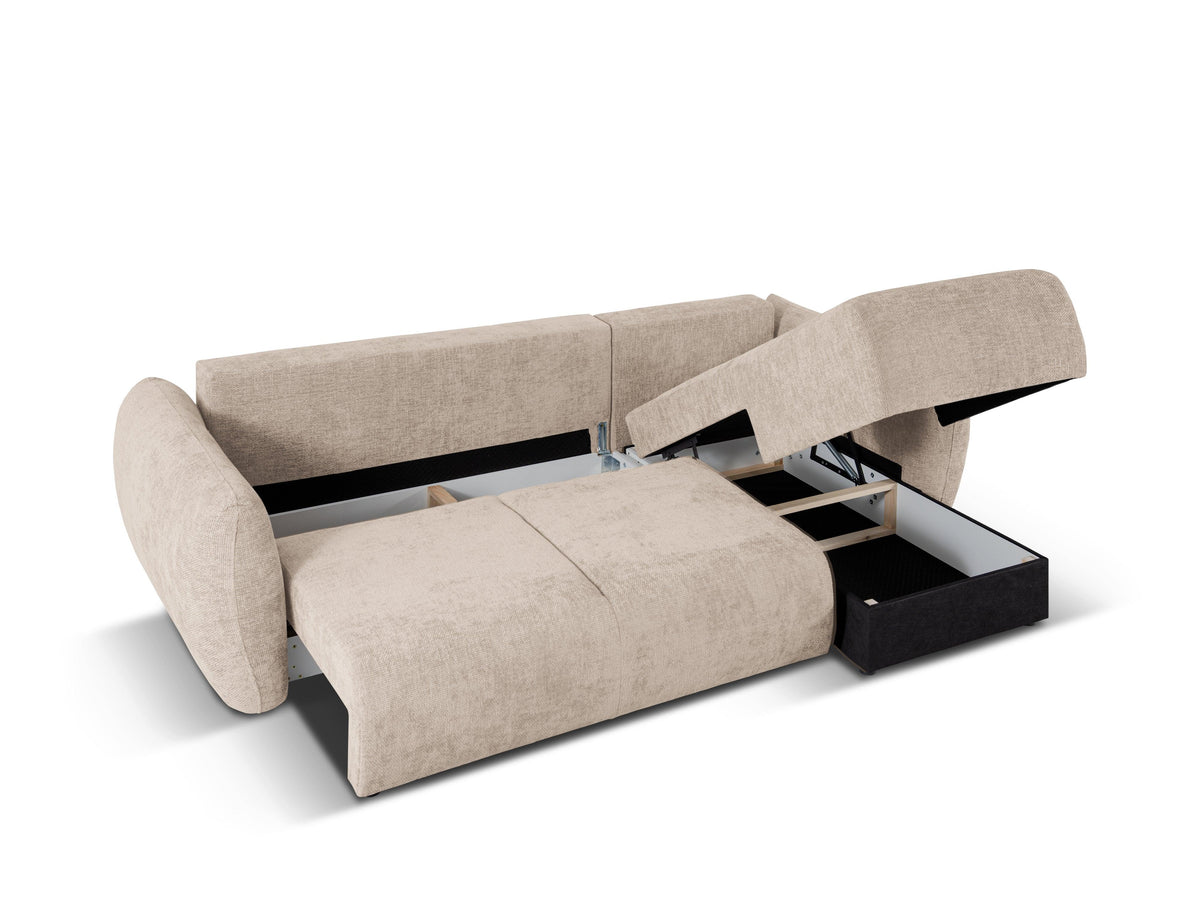 Matera Beige Corner Sofa Bed, opened with storage compartment and pull-out bed