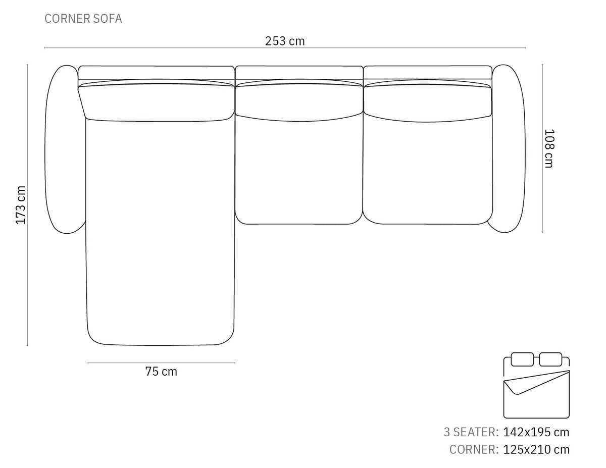 Matera Corner Sofa Bed, dimensions diagram